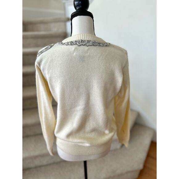 Vintage Cream Crewneck Silver Beaded Bow Sweater - Picture 5 of 8